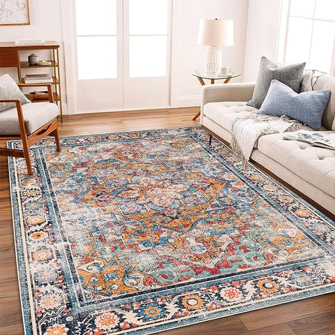 Washable Area Rug 10'x14' Boho Chic Medallion Distressed Design Non-Shedding Easy Care Ideal for High Traffic Areas in Living Room Bedroom Office Coffee Table Large Carpet