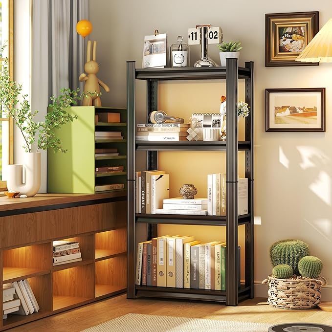 Tall Bookshelf with Open Shelves, Metal Office Book Shelf, Adjustable Organizer Bookcase, Standing Storage Organizer Shelf for Living Room (4 Tier 27.6" W*13.8" D*59" H)