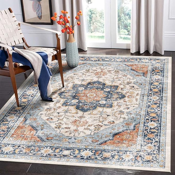 vivorug 4x6 Rug, Boho Small Area Rug for Living Room, Bedroom, Kitchen, Machine Washable Non-Slip Throw Rug, Vintage Floral Carpet for Entryway Nursery Coffee Table - Durable (Orange/Navy)