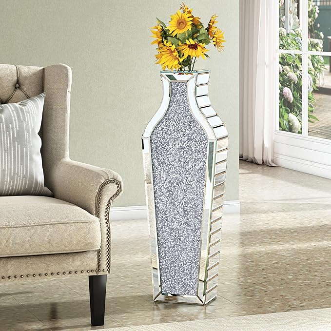 27" Tall Floor Crystal Vase Crushed Diamond Floor Vase Large Silver Vases for Decor Living Room Big Glass vases