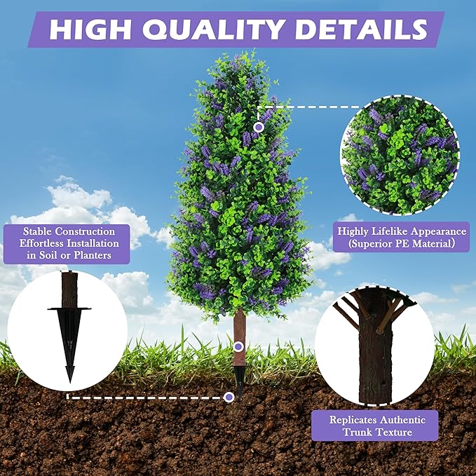 Sunnyglade 2 Packs 27.5" Artificial Lavender Tree, Fake Lavender Shrub Bushes Trees with Spike Faux Topiary Plants Tree for Indoor, Garden, Yard, Porch, Patio Decor