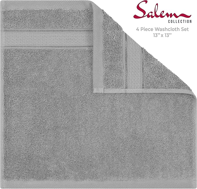 American Soft Linen Salem Washcloth Sets, 4 Piece Luxury 600 GSM 100% Cotton Washcloths for Bathroom, 13x13 inches Washrags Premium Quality Hand Face Towels, Light Grey