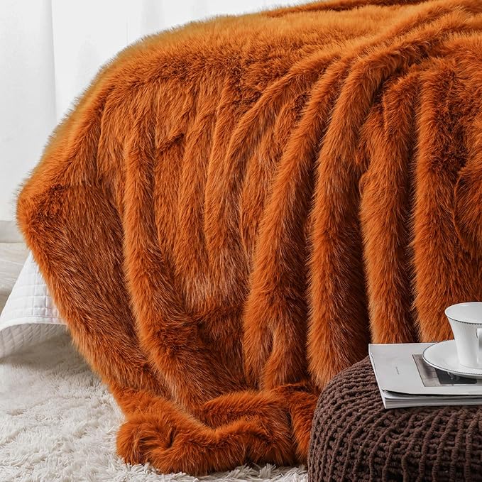 BATTILO HOME Luxury Fall Faux Fur Throw Blanket, Orange Faux Fur Blanket for Couch, Home Decor, Fall Decor, Soft Fluffy Fur Throws with Long Pile, 50"x60"