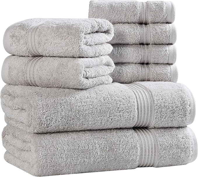 Superior Egyptian Cotton 8-Piece Towel Set, Assorted Towels for Home Bathroom, Guest Bath Decor Essentials, Includes 2 Bath, 4 Hand, 2 Face Towels/Washcloths, Quick Dry, Absorbent, Silver