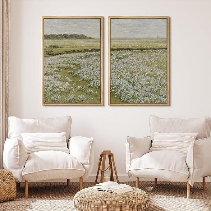 MUDECOR Framed Canvas Print Wall Art Fields of White Flowers Serene Nature for Home Decor Nature Wilderness Illustrations Realism Decorative for Living Room, Bedroom, Office - 16"x24"x2 Natural