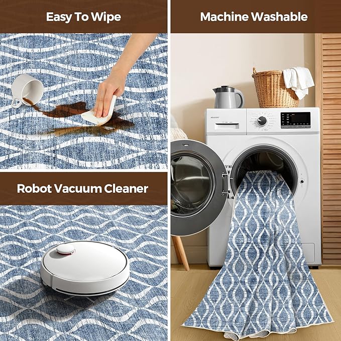 WITSHOCK 9x12 Area Rugs: Washable Non-Slip Soft Geometric Boho Print Pattern Large Thin Indoor Rug for Living Room Bedroom Dining Room, Carpet for Nursery Playroom Decor, Kid & Pet Friendly, Blue
