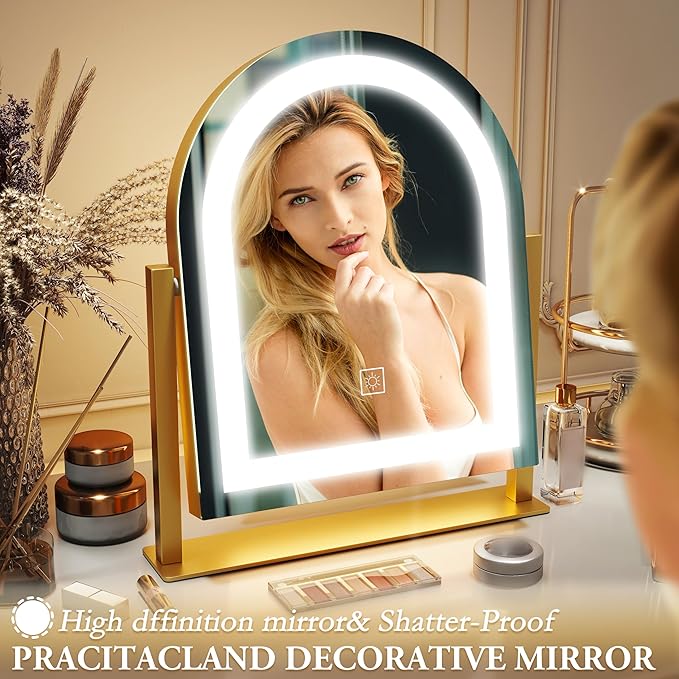 Lighted Makeup Mirror with 3-Color Dimmable Lighting, with Removable 10x Magnifier, Smart Touch Control, 360° Rotation, 15" x 13" Hollywood Vanity Mirror for Tabletop Desk (Gold)