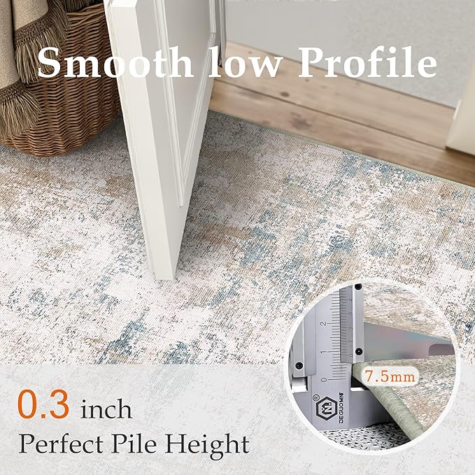 10x14 Washable Area Rug Beige Blue Neutral Abstract Living Room Bedroom Large Throw Rug Non Slip Soft Low Pile Indoor Floor Carpet for Dining Room Kitchen Office Entryway