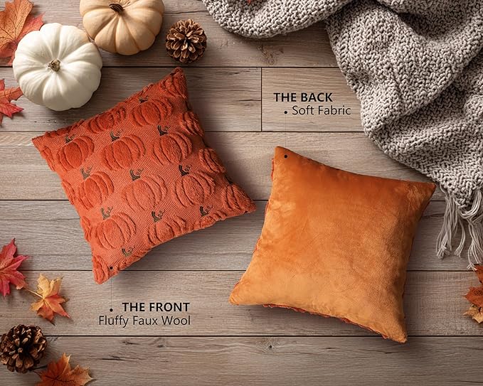 4TH Emotion Fall Pumpkin Decorative Pillow Covers 20x20 Set of 2, Dark Rust Red Soft Plush Faux Fur Wool Farmhouse Throw Cushion Cases for Autumn Thanksgiving Holiday Home Decorations