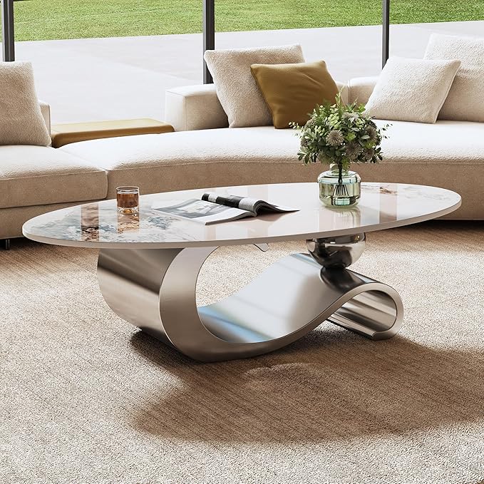 49.2" Oval Marble Coffee Table with Geometric Stainless Steel Base, Modern Sintered Stone Coffee Tables for Living Room, Luxury White Silver Cocktail Center Table Living Room Furniture for Home Decor