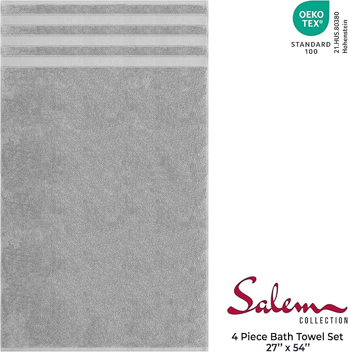 American Soft Linen Salem 100% Cotton Turkish 4 Piece Bath Towels for Bathroom, 600 GSM Soft Absorbent Quick Dry Bath Towel Set, Light Cool Grey