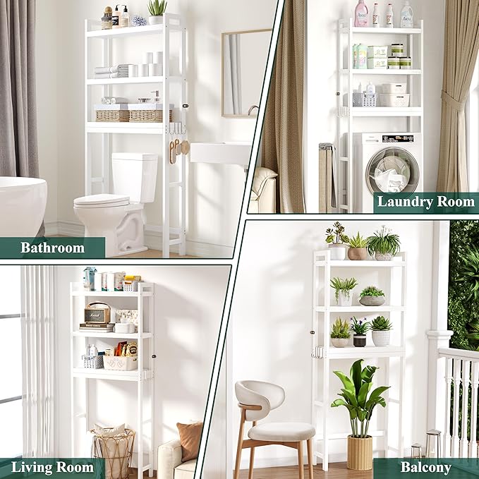 Smiry Over The Toilet Storage Cabinet, 3-Tier Bamboo Bathroom Organizers with Adjustable Shelf & 4 Hooks, Space Saving Shelf Rack for Bathrooms, Laundry Room, Balcony, White