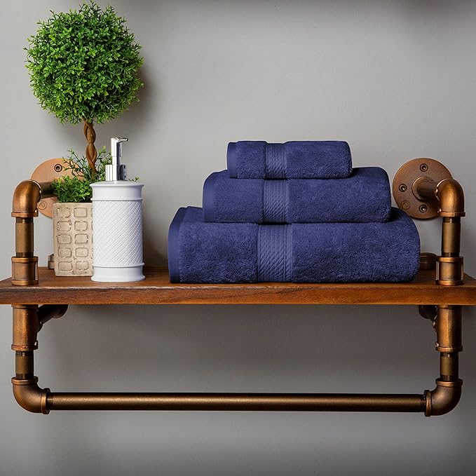 BLUENILEMILLS Premium Towel Collection, Egyptian Cotton Towels for Shower and Bathroom Assorted 3-Piece Towel Set, 30" x 55", 20" x 30", 13" x 13", Navy Blue by Blue Nile Mills