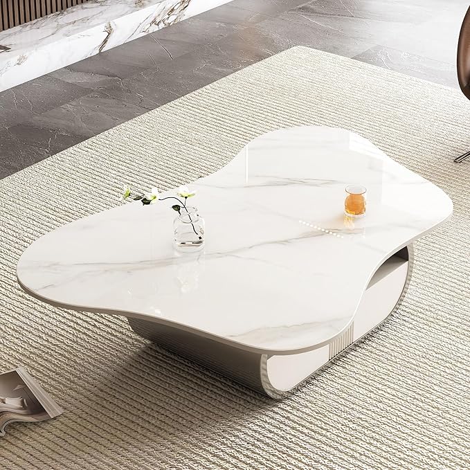 41.7" Marble Coffee Table with Storage Shelf & Drawer, Modern White Silver Coffee Tables for Living Room,Sturdy Stainless Steel Base, Sintered Stone Tabletop, Irregular Tea Cocktail Center Table