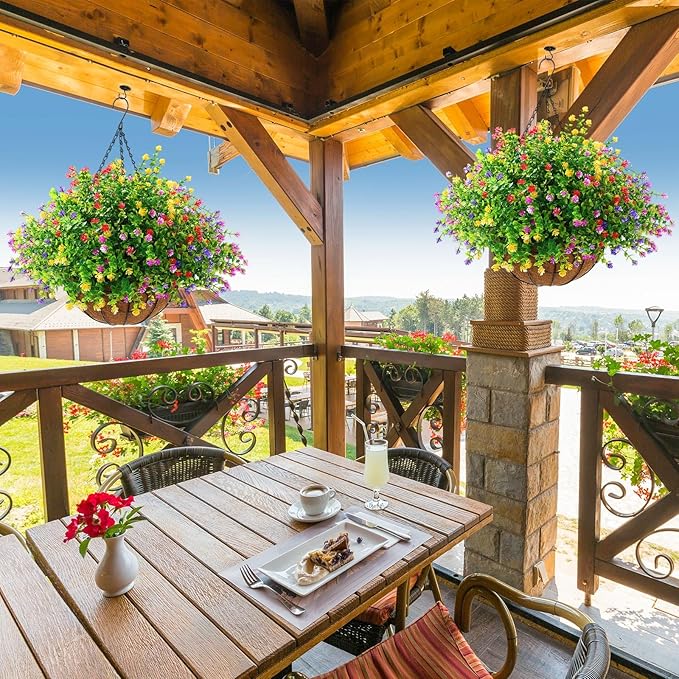 Lyrow 2 Pcs Artificial Hanging Flowers with Fake Basket Outdoor Realistic Hanging Plants with 12 Inch Coconut Lining Basket for Patio Lawn Garden Porch Decor(Colored)
