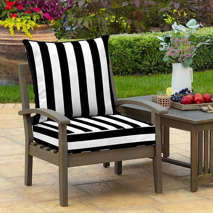 Arden Outdoor Deep Seat Cushion Set, 24 in x 24 in, Weather-Proof, Rain-Proof, Fade Resistant Patio Cushion for Chair, Sofa, and Couch Black Cabana Stripe