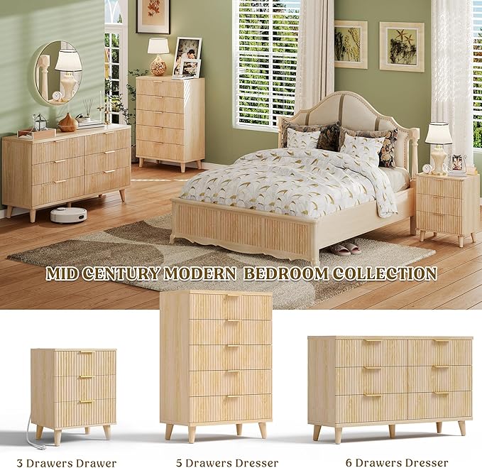 Lulive Dresser for Bedroom Wood Tall Dressers Drawers, Fluted Modern Dresser 5 Drawers Natural