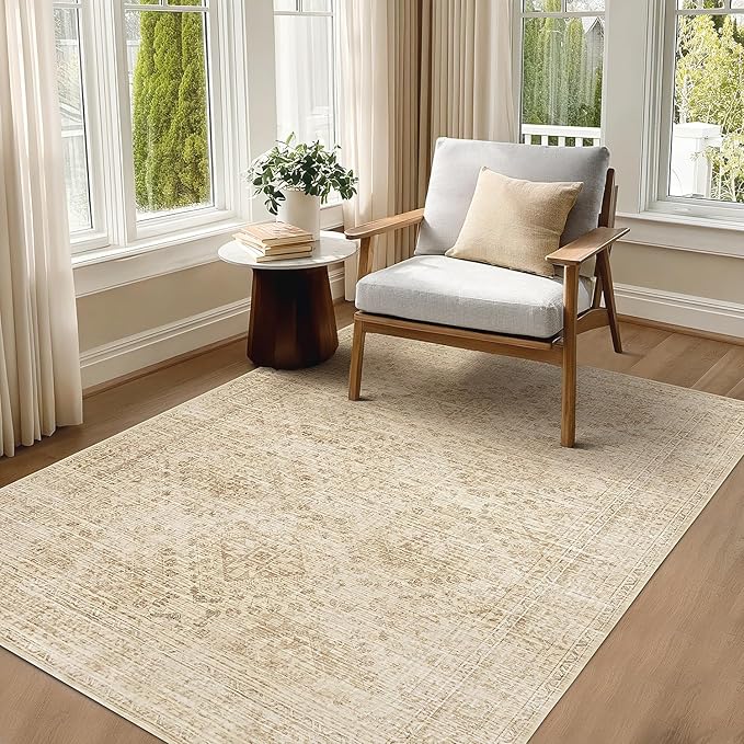 MIULEE 5x7 Vintage Living Room Rug Washable Area Rugs Low Pile Floor Mat for Bedroom Dining Room Non-Slip Stain Resistant Soft Indoor Carpet for Home Decor, Neutral Beige