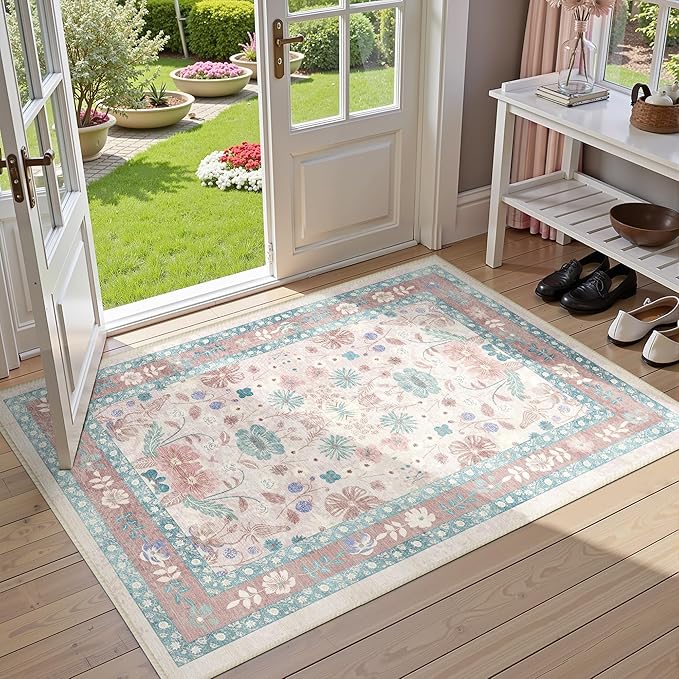 Deerly Pink Floral Rugs for Entryway 2x3 Washable Throw Rug Small Vintage Boho Bathroom Door Mat Non-Slip Soft Low Pile Thin Indoor Carpet for Kitchen Entrance Farmhouse, Light Pink/Blue/Multi