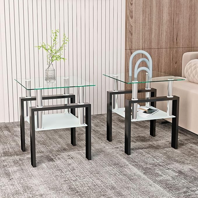 IANIYA 2PCS Modern Glass End Table, 2-Tier Side Table with Tempered Glass Top & Metal Legs, Night Stand Corner Table for Living Room, Bedroom