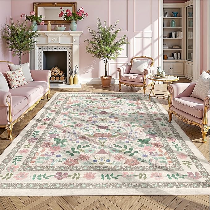 Deerly Floral Rug 5x8 Vintage Boho Washable Non-Slip Living Room Carpet Soft Low Pile Thin Bedroom Floor Mat Indoor Home Decor for Dining Room Playroom Nursery Farmhouse, Beige/Light Pink/Multi