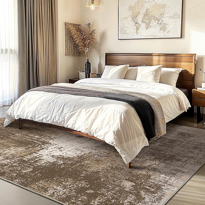 GENIMO Washable Area Rugs for Living Room Bedroom, 10x14 Modern Abstract Non Slip Rug, Low Pile Soft Contemporary Indoor Floor Carpet Cover for Dinning Room Kitchen, Earthy Brown