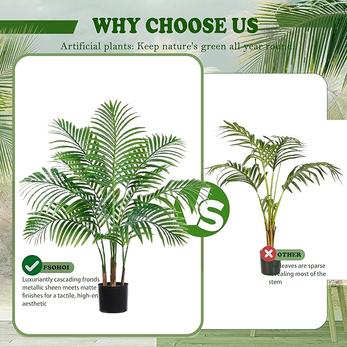 Artificial Fake Palm Tree 3FT Tropical Faux Palm Trees in Pot with 9 Trunks and Real Bark Design Areca Floor Plant Faux Palm Plant for Indoor Outdoor Home Decor