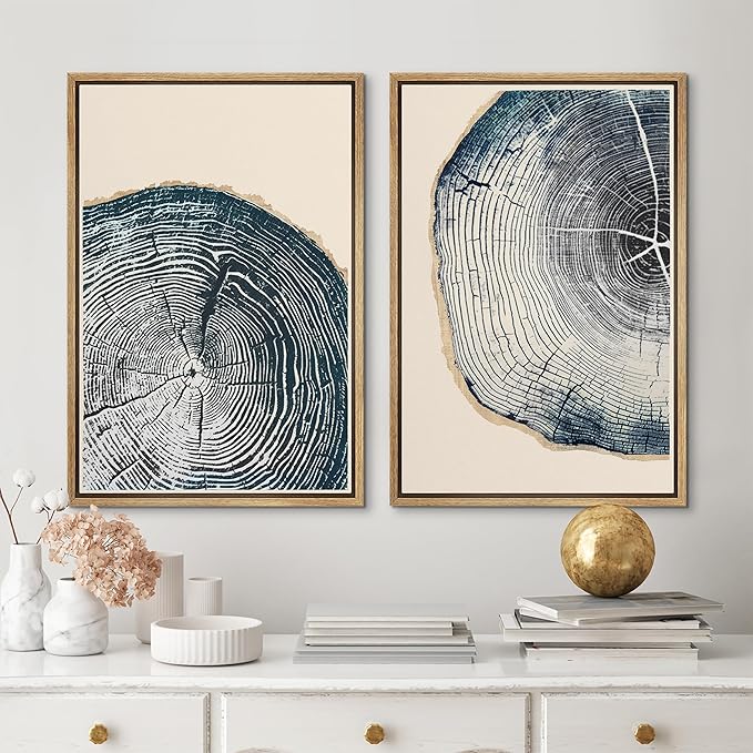MUDECOR Framed Canvas Print Wall Art Navy Blue Wood Tree Ring Nature Illustration Modern Art Decorative Multicolor Geometric Minimal for Bedroom - 16"x24"x2 Natural
