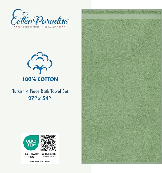 Cotton Paradise 4 Piece Turkish Bath Towels for Bathroom, 100% Cotton Extra Large Soft Plush Towels Bathroom Set, Sage Green