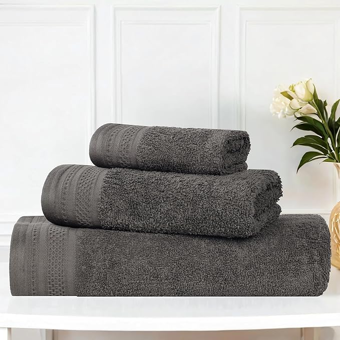Superior Honeycomb Cotton Medium Weight Towels, for Guest Bath, Master Bathroom, Shower, Quick Dry, Adults, Home Essentials, Textured Waffle Border, Assorted Towel Set, 3 Piece Towel Set, Gunmetal