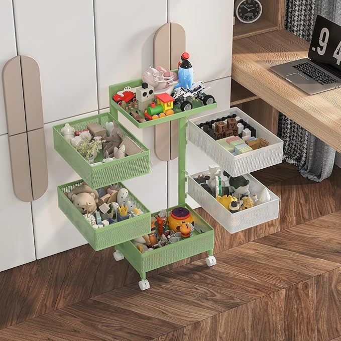 Rotating Kitchen Storage Rack No Assembly, Fruit Basket,Bathroom Storage Cart,Kitchen Organizers and Storage Cart on Rolling Wheels(Green White, 5 Tier-Square)