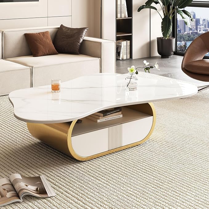 41.7" Marble Coffee Table with Storage Shelf & Drawer, Modern White Gold Coffee Tables for Living Room,Sturdy Stainless Steel Base, Sintered Stone Tabletop, Irregular Tea Cocktail Center Table