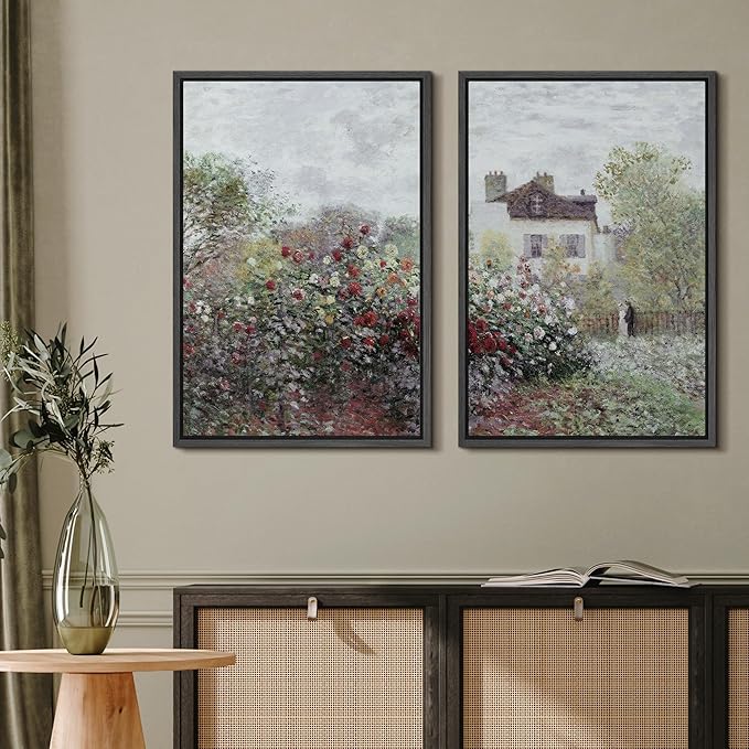 MUDECOR Framed Canvas Print Wall Art Blooming Garden and Cottage Romantic Floral Landscape Nature Wilderness Illustrations Realism Decorative Scenic for Living Room, Bedroom, Office - 24"x36"x2 Black