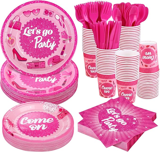 400 Pieces Let's Go Girls Party Tableware Sets Including Disposable Paper Plates Cups Napkins Cutlery Serves 50 for Birthday Disco Pink Cowgirl Bachelorette Party Decorations