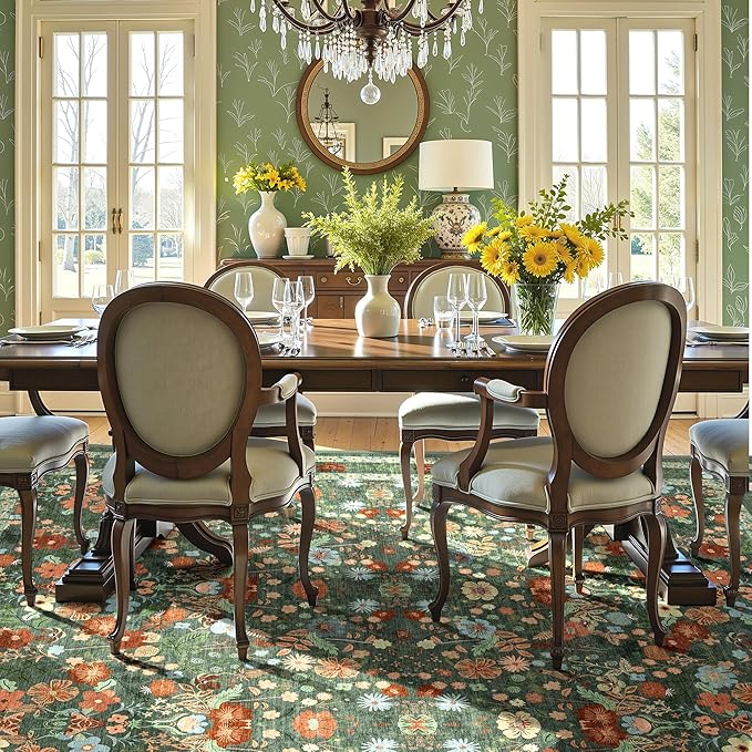 Deerly Green Floral Washable Area Rugs 9x12 for Living Room Large Vintage Boho Non-Slip Bedroom Carpet Soft Low Pile Thin Floor Mat Indoor for Dining Room Playroom Nursery Farmhouse, Green/Multi
