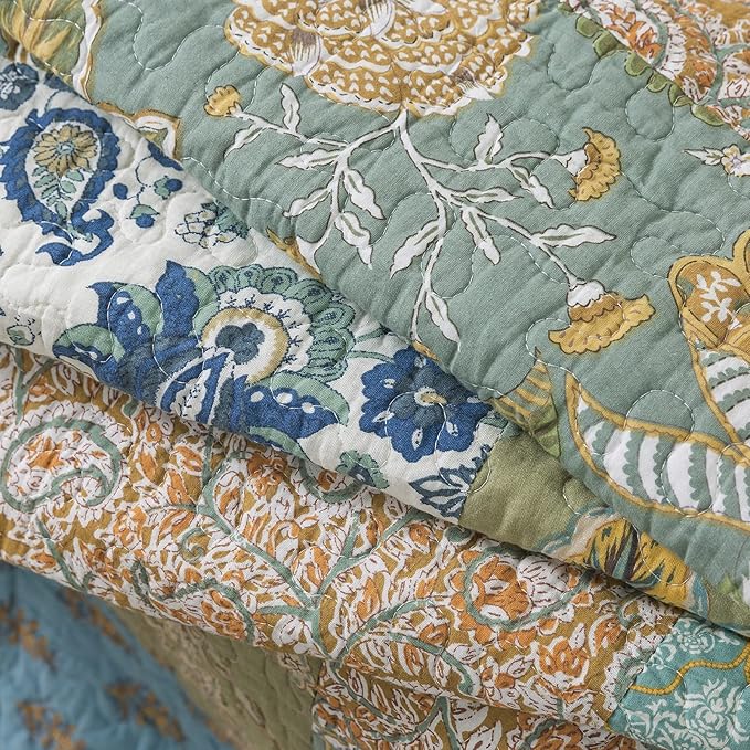 NEWLAKE Cotton Quilted Throw Blanket for Bed Couch Sofa, Reversible Patchwork Matelasse Blanket with Real Stitched Embroidery, Bohemian Floral Pattern, 60X78 Inch