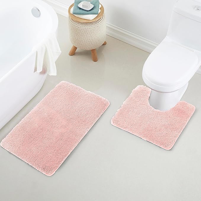 YHF Bathroom Rug Set 2Piece, Thick &Soft Microfiber Shaggy, U Shaped Contour, Machine Washable Bath Mats, Absorbent Bath Rugs, Non-slip Rubber Backing Bath Mat for Bathroom Floor, Tub and Shower, Pink
