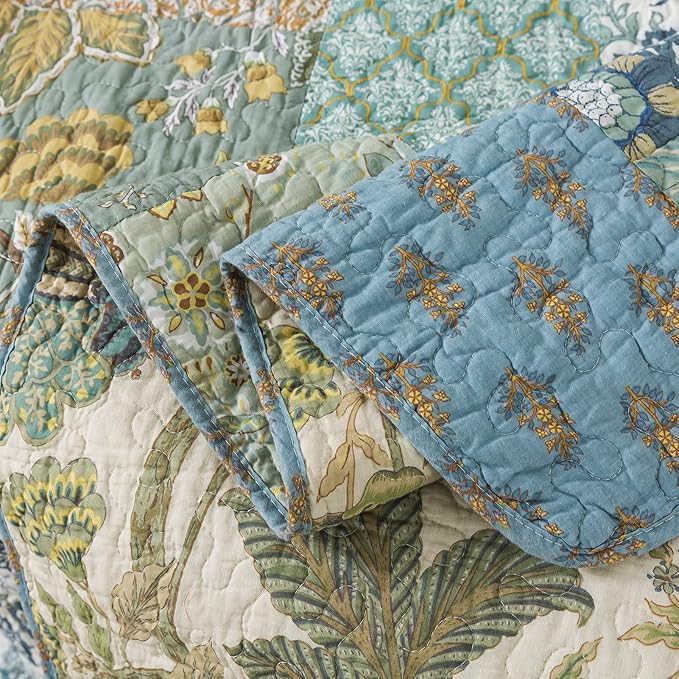 NEWLAKE Cotton Quilted Throw Blanket for Bed Couch Sofa, Reversible Patchwork Matelasse Blanket with Real Stitched Embroidery, Bohemian Floral Pattern, 60X78 Inch