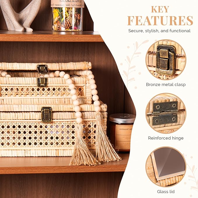 Rattan Display Boxes with Glass Lids - Rectangular Decorative Storage Box for Shelf - Set of 2 Woven Wicker Boho Cane Decor Organizers - 2 Removable Rattan Storage Trays
