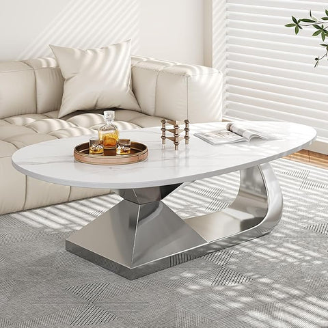 Modern Oval Sintered Stone Coffee Table, 51.2" White and Silver Rectangle Coffee Table with Faux Marble Top & Golden Geometric Stainless Steel Base, Rectangle Tea Center Table for Living Room