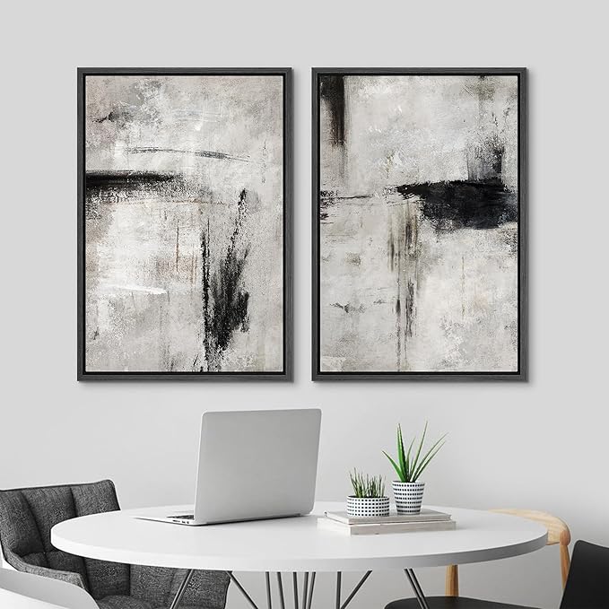 MUDECOR Framed Canvas Print Wall Art Grey Black Abstract Shape Illustrations Modern Art Decorative Bohemian Colorful Chic for Living Room, Bedroom, Office - 16"x24"x2 Black