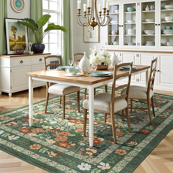 Deerly Green Boho Floral Rug 7x9 Vintage Boho Washable Non-Slip Living Room Carpet Soft Low Pile Thin Bedroom Floor Mat Indoor for Dining Room Playroom Nursery Farmhouse, Green/Multi