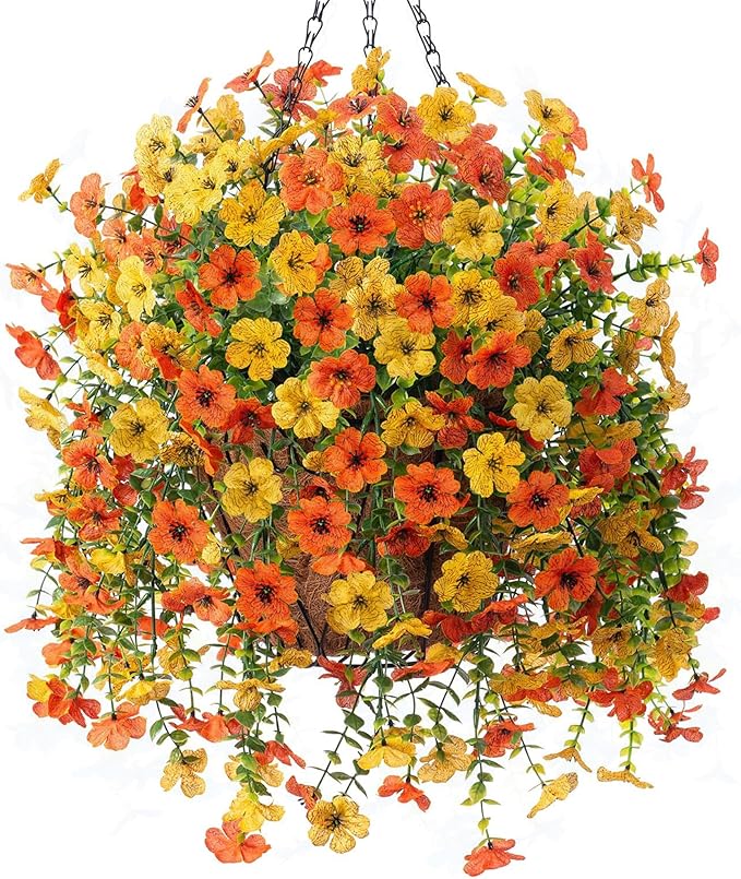 Artificial Fake Fall Hanging Flowers Plants with Basket for Outdoor Decor, Fake Mums Autumn Plants No Fade Plastic Faux Silk Daisy Flowers Fall Decoration for Outside Garden Porch Patio(Yellow Orange)