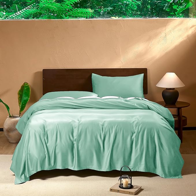 EVERLY Twin Sheets Set,Luxuriously 400 Thread Count Organic Viscose Derived from Bamboo Bed Sheet,Cooling Sheets for Twin Size 3 Piece Deep Pockets Bedding Sheets &Pillowcases-Water Green