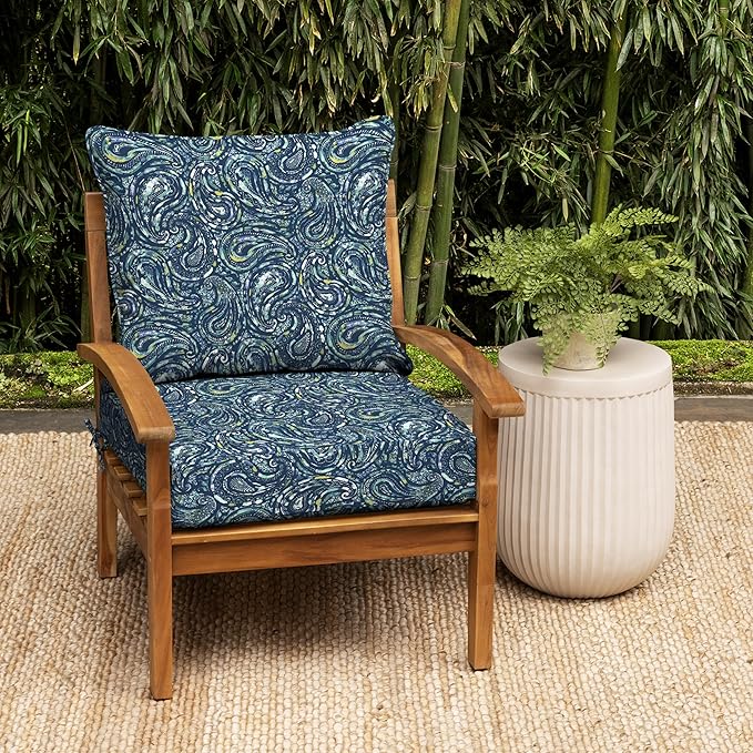 Arden earthFIBER Outdoor Deep Seat Cushion Set, 24 x 24, Rain-Proof, Fade Resistant, Deep Seat Bottom and Back Cushion for Chair, Sofa Sapphire Blue Ridge Paisley