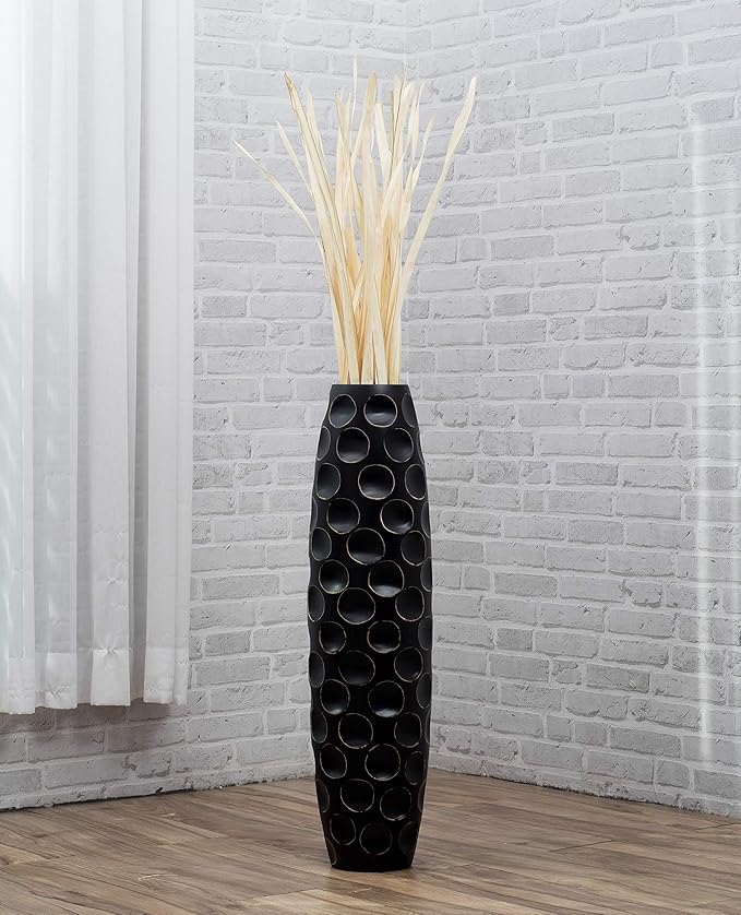 Leewadee Large Black Home Decor Floor Vase – Wooden 26 inches Tall Farmhouse Decor Flower Holder for Fake Plant and Pampas Grass