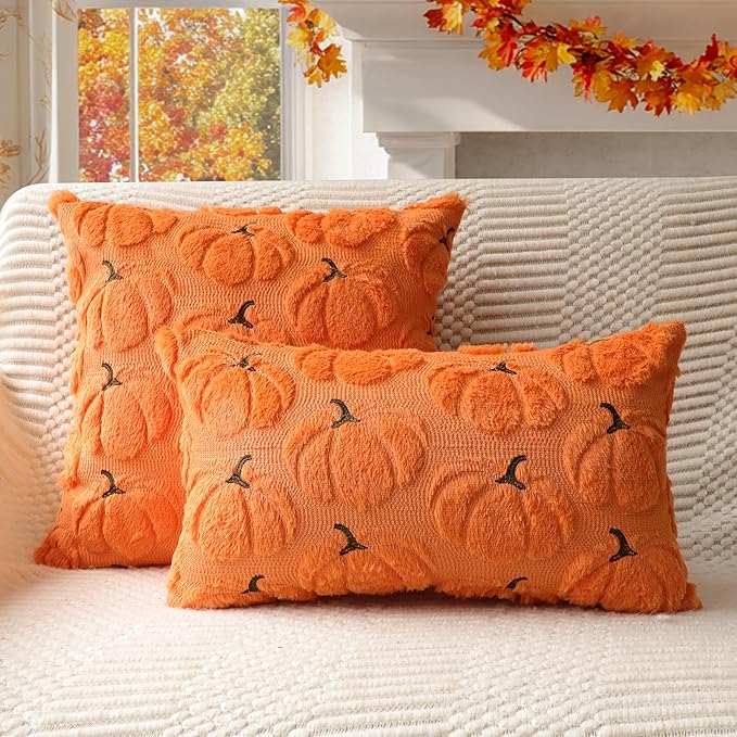 4TH Emotion Fall Pumpkins Decorative Pillow Covers 18x18 Set of 2, Orange Soft Plush Faux Fur Wool Farmhouse Throw Cushion Cases for Autumn Thanksgiving Holiday Home Decorations