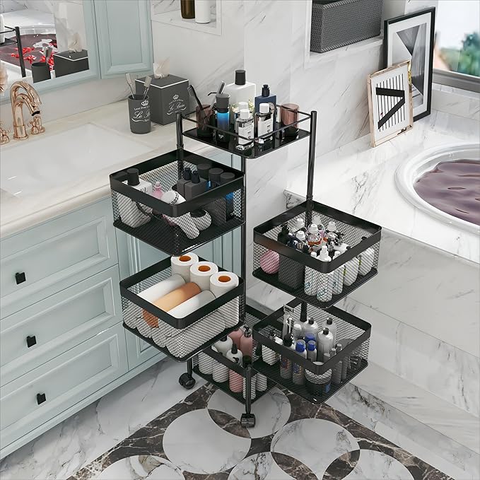 Fruit and Vegetable Basket for Kitchen No Assembly， Rotating Storage Rack,Bathroom Storage Shelf, Kitchen Organizers and Storage Cart on Rolling Wheels(Black, 5 Tier-Square)