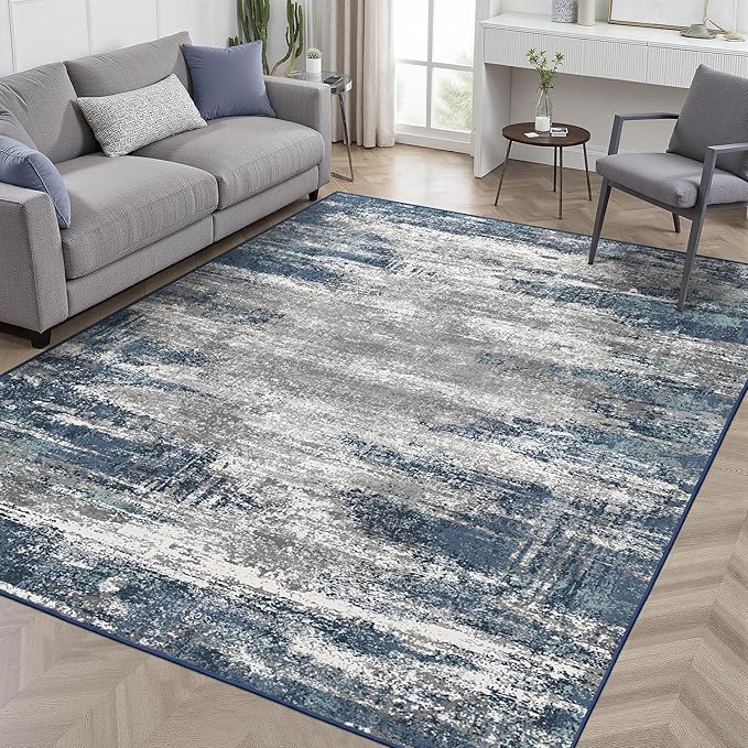 GENIMO 5x7 Area Rugs-Washable Area Rug Lightweight Non-Slip, Printed Low Pile Abstract Rug, Soft Pet Friendly Carpet for Living Room, Bedroom, Playroom, Blue/Ivory