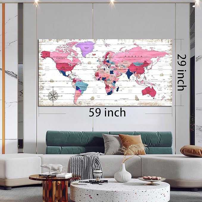 ZHAOSHOP Large World Map Canvas Wall-Art - Wall Decor for Girls Bedroom - Pink Pictures Wall Decor Ready to Hang Size 59" x 29"